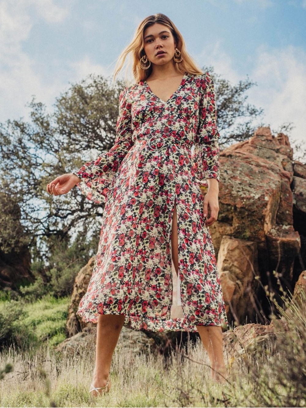 Asos Design Dusty Daze Floral V-Neck Split Leg Midi Dress